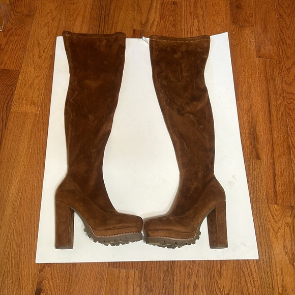 FASHION NOVA faux SUEDE OVER KNEE PLATFORM HEELS BOOTE IN BROWN HALF ZIP SIZ 6.5 - Picture 2 of 9